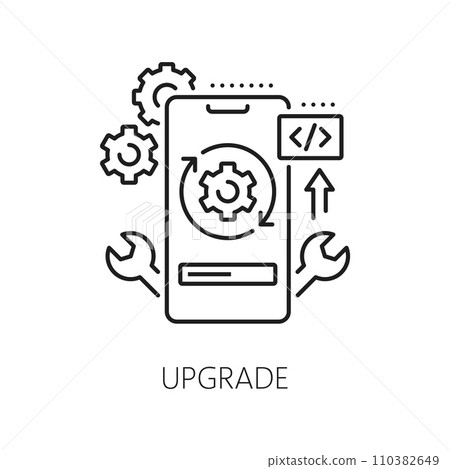 Upgrade, web app develop and optimization icon. Isolated vector linear sign featuring stylized smartphone screen with cogwheels, wrenches and upward arrow symbolizing app development and optimization 110382649