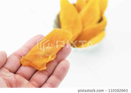 A man's hand holding a dried mango A man's hand holding a dried mango 110382663