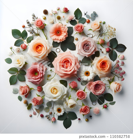 Flowers composition. Frame made of pink and orange roses on white background. Flat lay, top view, copy space AI Flowers composition. Frame made of pink and orange roses on white background. Flat lay, top view, copy space AI 110382758