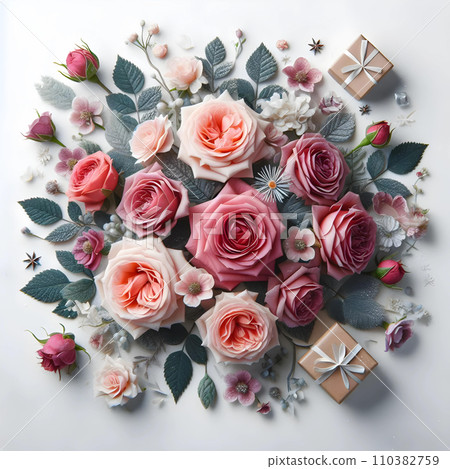 Flowers composition. Frame made of pink and orange roses on white background. Flat lay, top view, copy space AI Flowers composition. Frame made of pink and orange roses on white background. Flat lay, top view, copy space AI 110382759