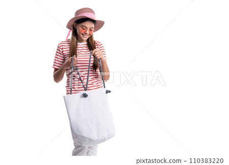 teen girl in beach style on background, copy space. photo of teen girl in beach style. 110383220