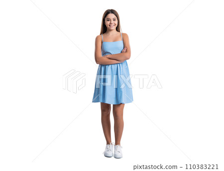 happy teen girl in summer dress isolated on white. teen girl in summer dress at studio. happy teen girl in summer dress isolated on white. teen girl in summer dress at studio. 110383221