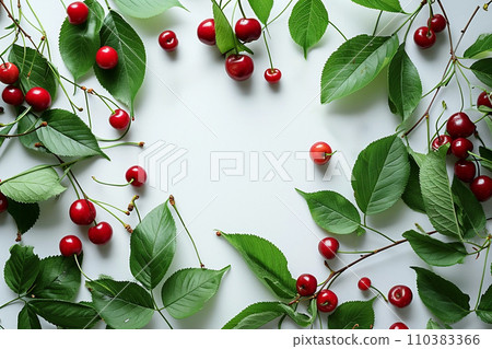 Frame of ripe red cherries with leaves and fruit halves Frame of ripe red cherries with leaves and fruit halves 110383366