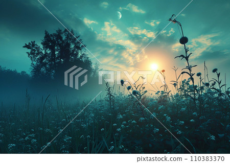 Sun and moon at twilight over spring meadow, Equinox 110383370