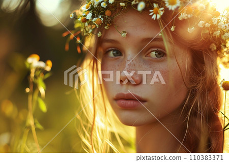 Closeup of redhead girl with flower wreath in summer meadow 110383371