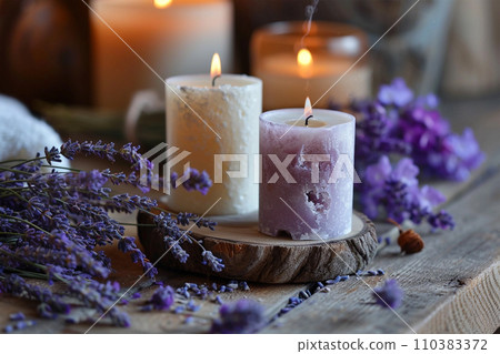 Spa products, soaps, salts and lit candle with lavender flowers Spa products, soaps, salts and lit candle with lavender flowers 110383372