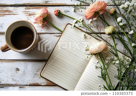 Blank open notebook on wooden rustic background with cup of coffee Blank open notebook on wooden rustic background with cup of coffee 110383373