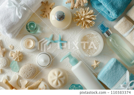 Flat lay composition with soaps and body care products on wooden background Flat lay composition with soaps and body care products on wooden background 110383374