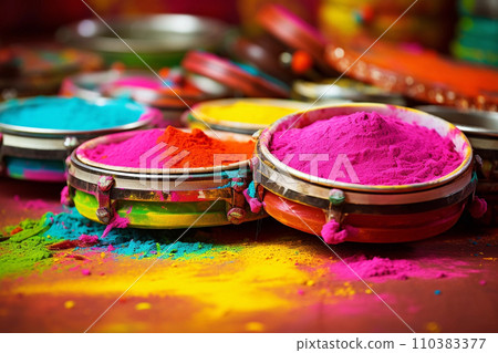 Colorful pots and drumms with Holi powder, Indian festival of colors 110383377