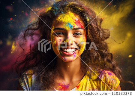 Portrait of young woman in colorful powder on indian street, Holi festival Portrait of young woman in colorful powder on indian street, Holi festival 110383378
