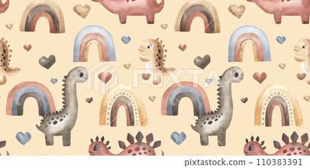 Cute dinosaurs, hearts, rainbow. watercolor seamless pattern, boho style. Hand drawn. Textile, fabric, wallpaper, design beige 110383391