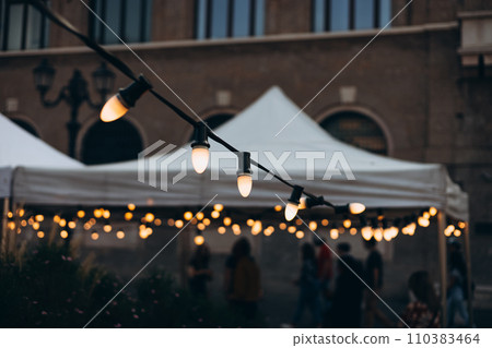Decorative Outdoor Street electric garland. Old light bulbs. Lamp hang in the yard. Terrace concept. String wired bulbs. Festoon string lights decoration at the party event Decorative Outdoor Street electric garland. Old light bulbs. Lamp hang in the yard. Terrace concept. String wired bulbs. Festoon string lights decoration at the party event 110383464