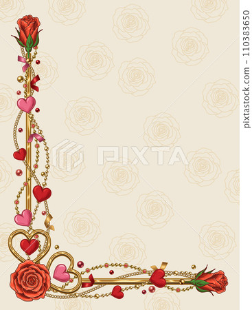 Vintage gold corner border with hearts, roses, intertwined golden jewelry chains on white background. Template for Valentines Day holiday prints. Letter paper size Vintage gold corner border with hearts, roses, intertwined golden jewelry chains on white background. Template for Valentines Day holiday prints. Letter paper size 110383650