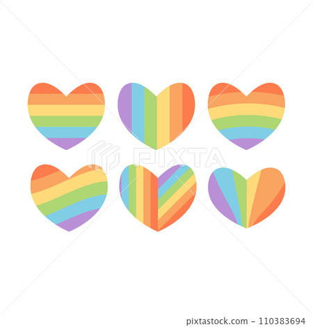 Set of colorful hearts, rainbow symbols of love. Vector illustration of lgbtq icons, striped shapes, pride month symbol, diversity and gender equality Set of colorful hearts, rainbow symbols of love. Vector illustration of lgbtq icons, striped shapes, pride month symbol, diversity and gender equality 110383694