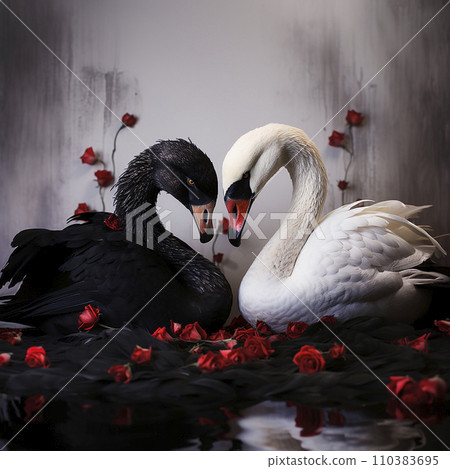 Black and white swans in the shape of a heart on a black background with red roses, love background, vintage retro postcard style Black and white swans in the shape of a heart on a black background with red roses, love background, vintage retro postcard style 110383695
