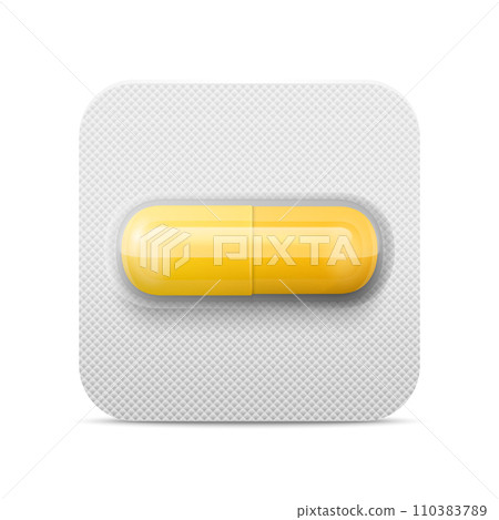 Vector Realistic Pharmaceutical Medical Yellow Pill, Vitamins, Capsule in Blister Closeup Isolated. Pill in Blister Packaging Design Template. Front View. Medicine, Health Concept 110383789