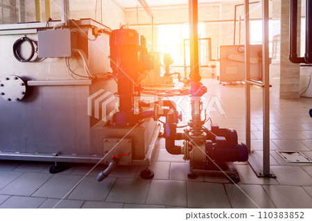 Pressure sensor in an industrial boiler room. Barometer in the heating system. Close-up. 110383852