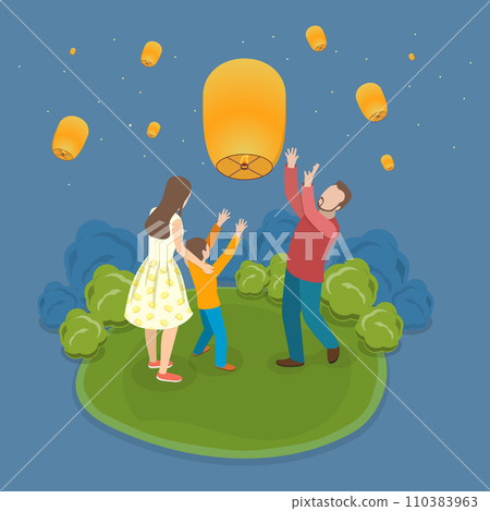 3D Isometric Flat Vector Illustration of Sky Lantern Festival 110383963