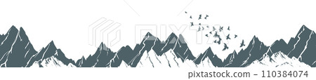 Seamless mountain background and Flying birds in the sky. Hand drawing. Not AI. Vector illustration 110384074
