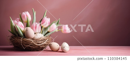 Easter composition with painted eggs. Generative AI 110384145