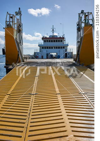 Car ferry ramp, selective front focus, Galapagos Islands, Ecuador. 110384256