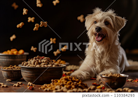 AI-generated content. Joyful white dog with flying dog treats around, sitting beside bowls of dog food, great for use in pet food campaigns, joyful pet advertisements, and promotional materials for 110384293