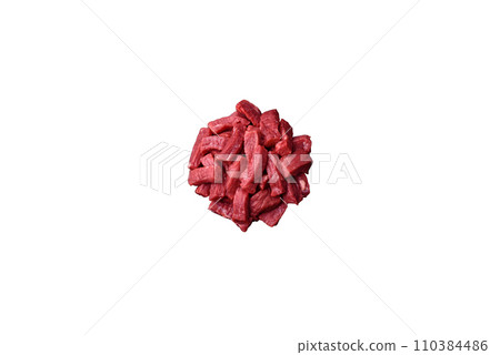 Raw organic meat beef or lamb cut into slices with salt, spices and herbs 110384486