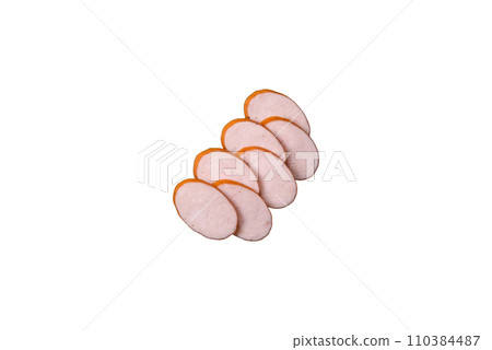 Delicious smoked chicken sausage with salt, spices and herbs 110384487