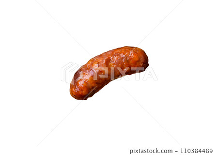 Delicious chicken or pork sausages baked on the grill with porridge and vegetables 110384489