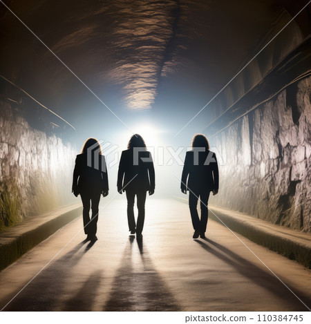 three silhouettes of rock musicians with long hair walk along a tunnel passage towards the light three silhouettes of rock musicians with long hair walk along a tunnel passage towards the light 110384745