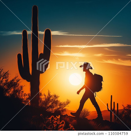 silhouette of a man in a hat walking through the desert with cacti in the evening 110384759