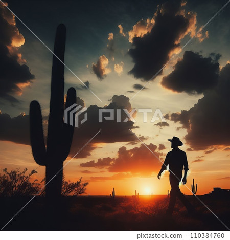 silhouette of a man in a hat walking through the desert with cacti in the evening silhouette of a man in a hat walking through the desert with cacti in the evening 110384760