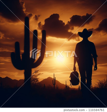silhouette of a man in a hat walking through the desert with cacti in the evening 110384761