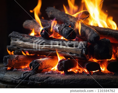 Bonfire with orange flame from burning wood, burning flame in fireplace 110384762