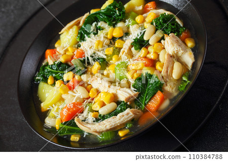Chicken and white bean soup with veggies, corn Chicken and white bean soup with veggies, corn 110384788