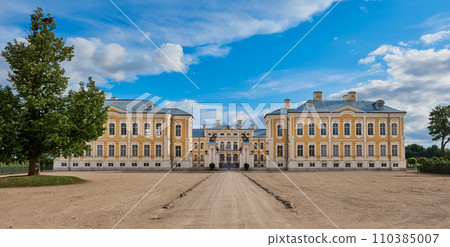 View of Latvian tourist landmark attraction -  old ancient Rundale palace and park, Pilsrundale, Latvia. 110385007