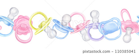 Seamless border baby boy girl pacifier dummy. Pink blue violet green. Hand drawn watercolor illustration isolated on white background. Collection to newborn, baby shower, gender reveal party Seamless border baby boy girl pacifier dummy. Pink blue violet green. Hand drawn watercolor illustration isolated on white background. Collection to newborn, baby shower, gender reveal party 110385041