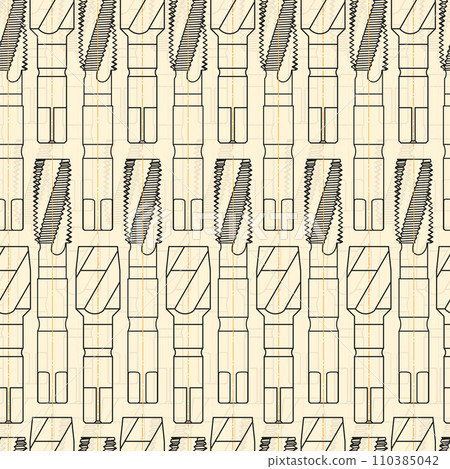 Mechanical engineering drawings on sepia background. Tap tools, borer. Technical Design. Cover. Blueprint. Seamless pattern. Vector illustration. 110385042