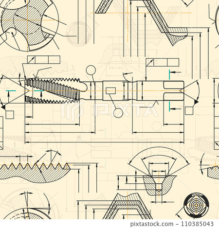 Mechanical engineering drawings on sepia background. Tap tools, borer. Technical Design. Cover. Blueprint. Seamless pattern. Vector illustration. 110385043