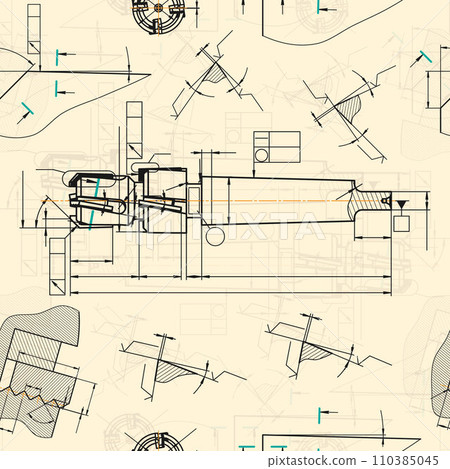 Mechanical engineering drawings on sepia background. Tap tools, borer. Technical Design. Cover. Blueprint. Seamless pattern. Vector illustration. 110385045
