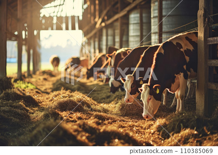 Group of cows at cowshed eating hay or fodder on dairy farm. Concept of farming business and taking care of livestock. Generative AI Group of cows at cowshed eating hay or fodder on dairy farm. Concept of farming business and taking care of livestock. Generative AI 110385069