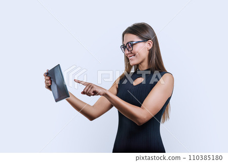 Young business woman with digital tablet on white background Young business woman with digital tablet on white background 110385180