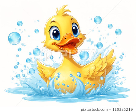 Playful duckling in soapy water Playful duckling in soapy water 110385219