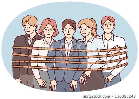 People in office suits tied with rope stand with unhappy face and are sad. Vector image 110385248