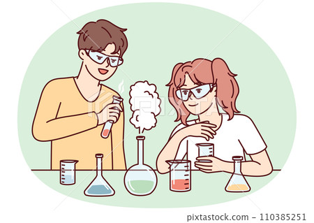 Youth boy and girl conduct chemical experiments standing near table with test tubes. Vector image 110385251