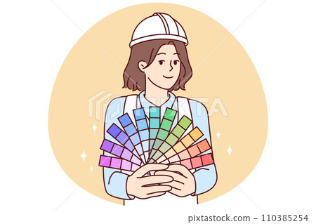 Woman painter holds paper palette offers to choose right color for painting walls. Vector image Woman painter holds paper palette offers to choose right color for painting walls. Vector image 110385254