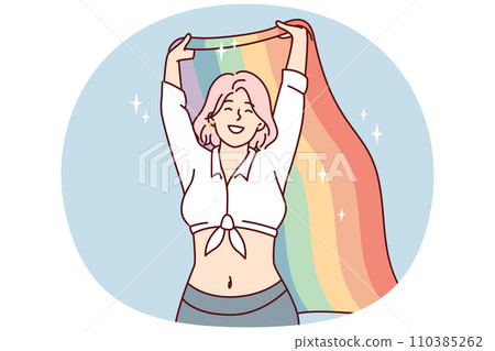 Happy woman waving rainbow flag while speaking at event for LGBT and sexual minorities. Vector image 110385262
