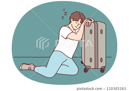 Tired man sleeps resting head on travel suitcase after difficult business trip. Vector image 110385263