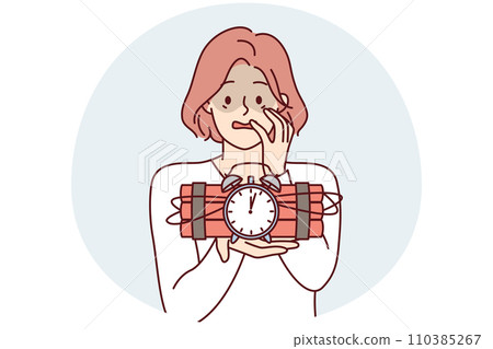 Frightened woman holds bomb with clockwork and does not know how to stop explosion. Vector image 110385267