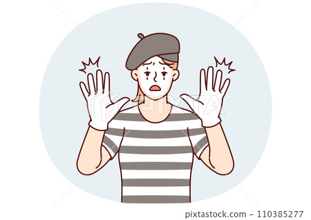 Woman clown with white face entertains people by acting as mime and touches screen. Vector image Woman clown with white face entertains people by acting as mime and touches screen. Vector image 110385277
